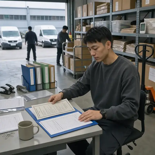 a worker organizing supplier certificates and temperature log printouts into labeled folders at a desk beside metal storage shelves