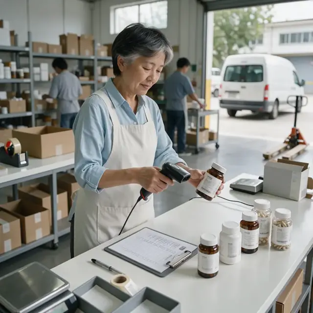 a worker at a clean white counter scanning barcodes on supplement bottles and checking them against a printed customer order form