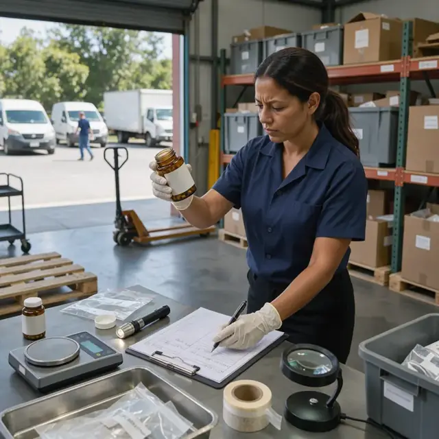 a worker inspecting a returned supplement bottle under bright lighting while noting details on a quality log sheet