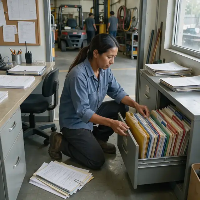a worker organizing product safety documents and permit folders in a file cabinet in an office area