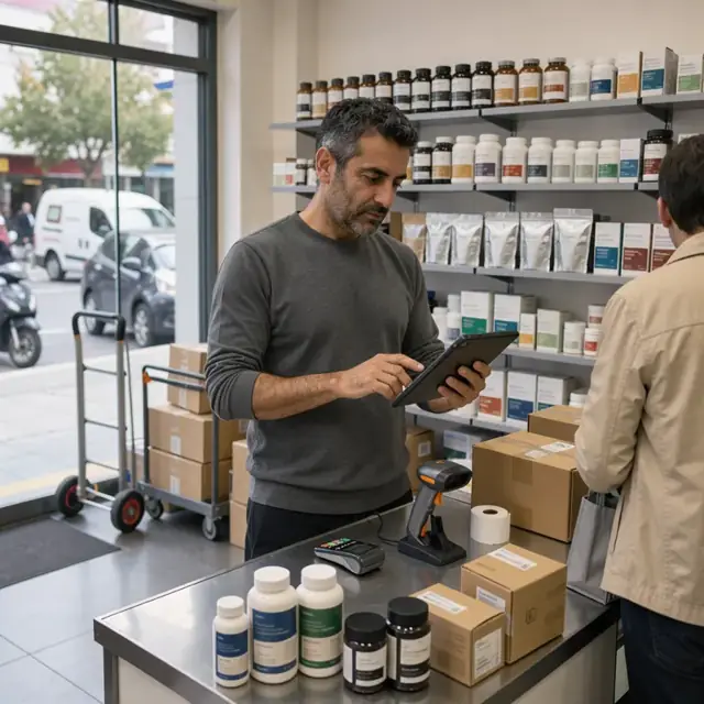a retail counter with product bottles and supplement boxes arranged on shelves behind a worker reviewing an order tablet