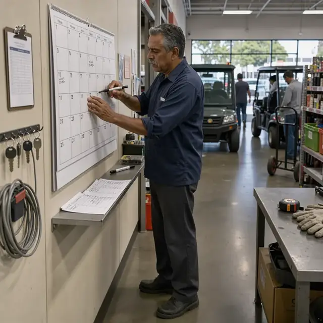 a worker standing at a wall calendar marking shift times next to a retail sales floor
