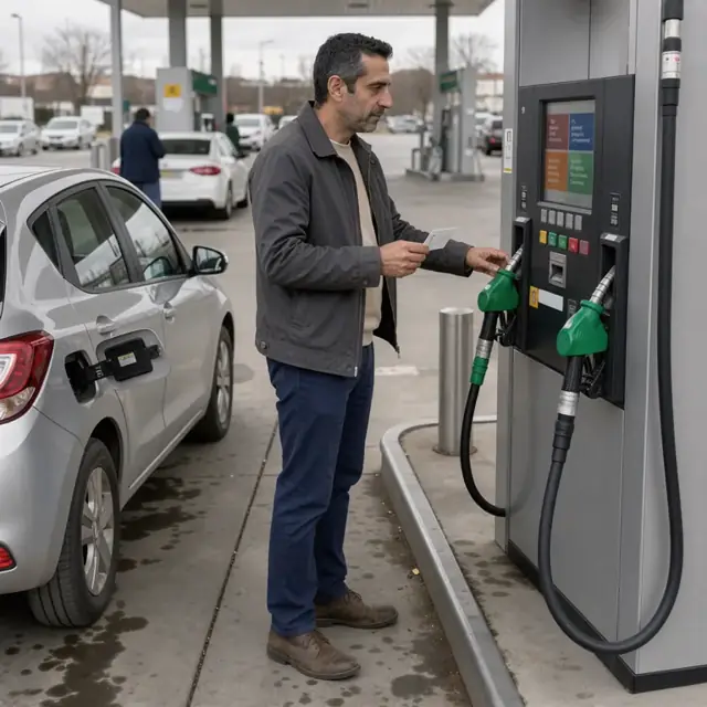 a customer standing at a fuel pump reading digital promotional messaging on the screen with a loyalty card in hand