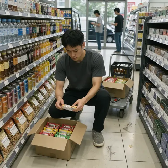a worker stocking shelves with snacks, beverages and tobacco products while checking expiration dates in a convenience store aisle