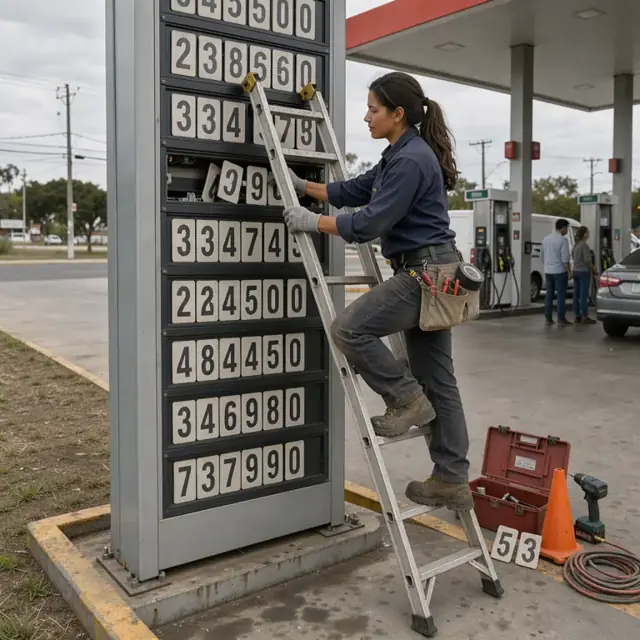 a worker adjusting numbers on a large roadside fuel price sign while positioned on a ladder beside the station canopy