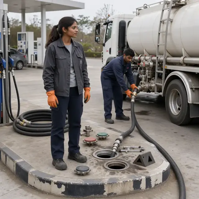 a worker standing at a fuel island watching a tanker truck connect hoses to underground storage tank fill pipes at a gas station