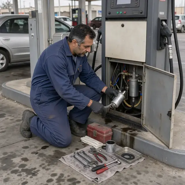 a worker in coveralls checking the filter on a gasoline dispenser at an outdoor pump island with tools laid out on the concrete