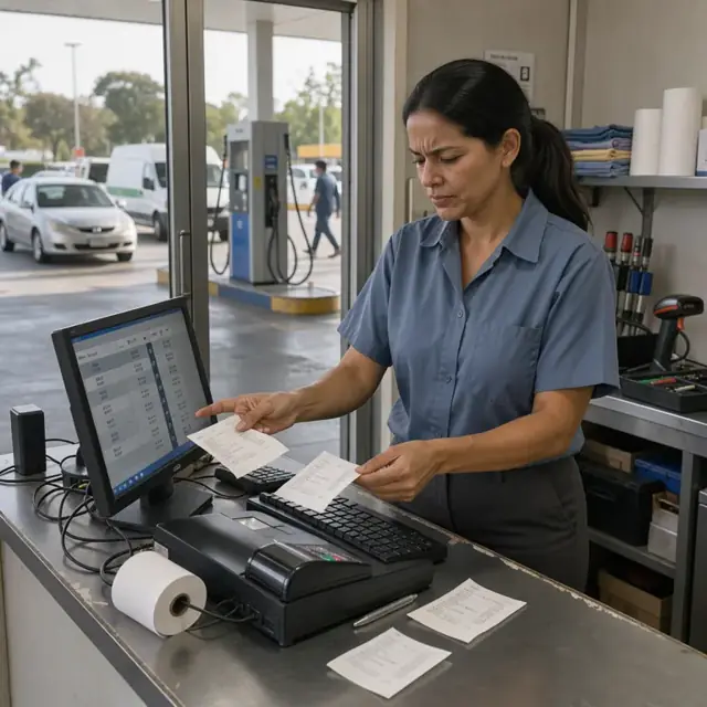 a worker at a service station counter comparing printed sales receipts with digital meter readings on a computer screen beside the cash register