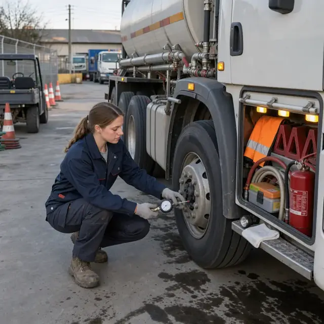 a worker performing a pre-trip inspection on a fuel delivery truck checking tires, lights and safety equipment in the yard