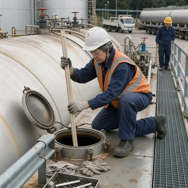 a worker measuring fuel level with a gauge stick in a large above-ground storage tank at a fuel yard