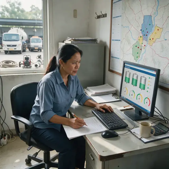a worker at a desk reviewing tank level readings on a computer screen beside a large wall map showing delivery areas