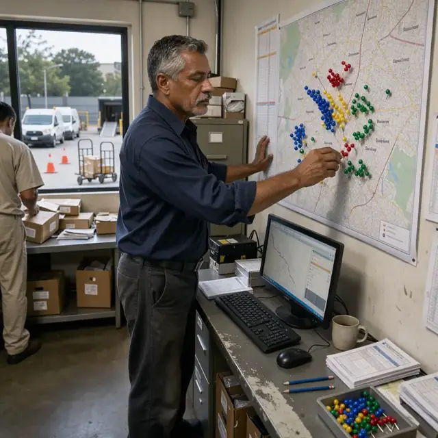 a worker marking delivery stops with colored pins on a large paper wall map next to a computer monitor