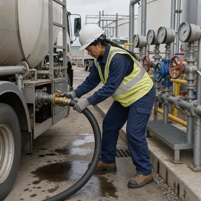 a worker connecting a loading hose to a fuel delivery truck at a bulk rack with visible meters and valves