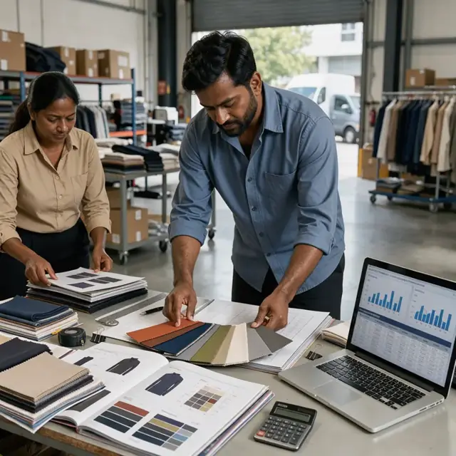 a worker reviewing color swatches and size charts spread across a table covered with vendor catalogs and a laptop showing sales reports