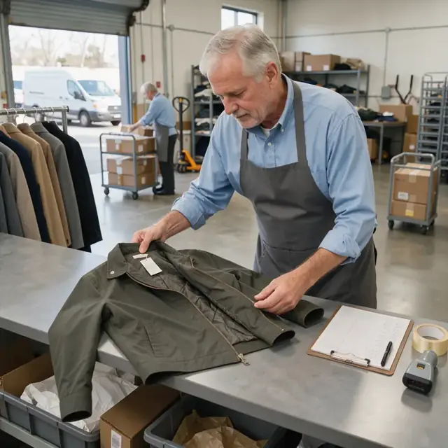 a retail associate inspecting a returned jacket under bright lighting at a back-room counter with a returns log clipboard nearby