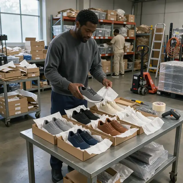 a retail stockroom with open cardboard shoe boxes on a metal table, tissue paper pulled back to reveal rows of new shoes