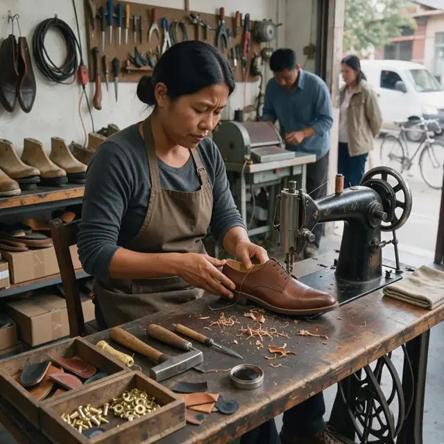 a cobbler at a wooden workbench using a leather sewing machine on the heel of a brown dress shoe with small repair parts in trays nearby