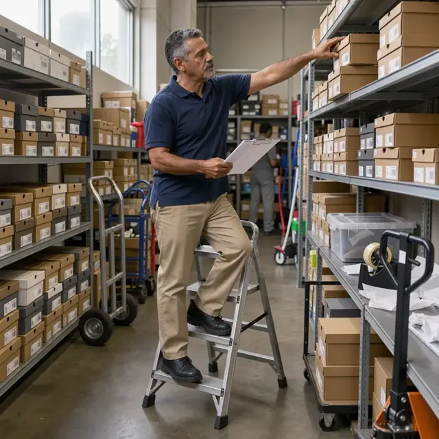 a store associate standing on a stepladder in a stockroom reaching for a shoe box on a high shelf while checking a printed restock list
