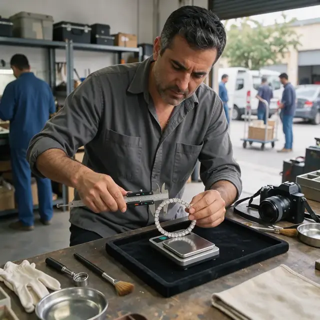 a worker using a digital scale and calipers to measure a diamond bracelet on a velvet tray next to a camera