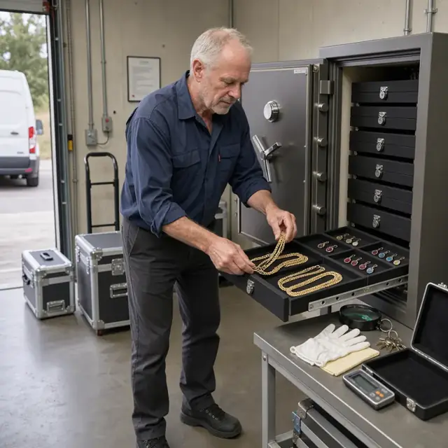 a worker in a back room carefully placing gold chains and gemstone earrings into locked display trays inside a secure safe