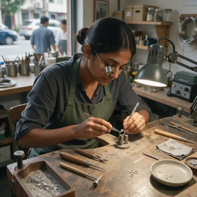 a jeweler at a wooden workbench using a magnifying loupe to set a small stone into a ring under focused task lighting
