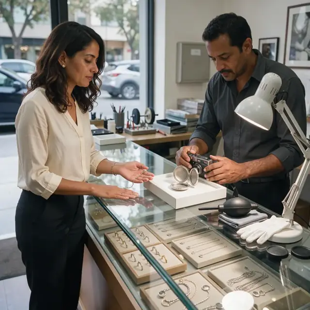 a retail counter with glass display cases of rings and necklaces while a worker photographs a customer's engraved locket under bright lighting