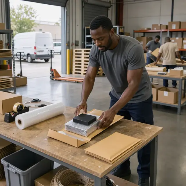 a worker wrapping a small jewelry box in bubble wrap and placing it into a padded mailer at a packing station