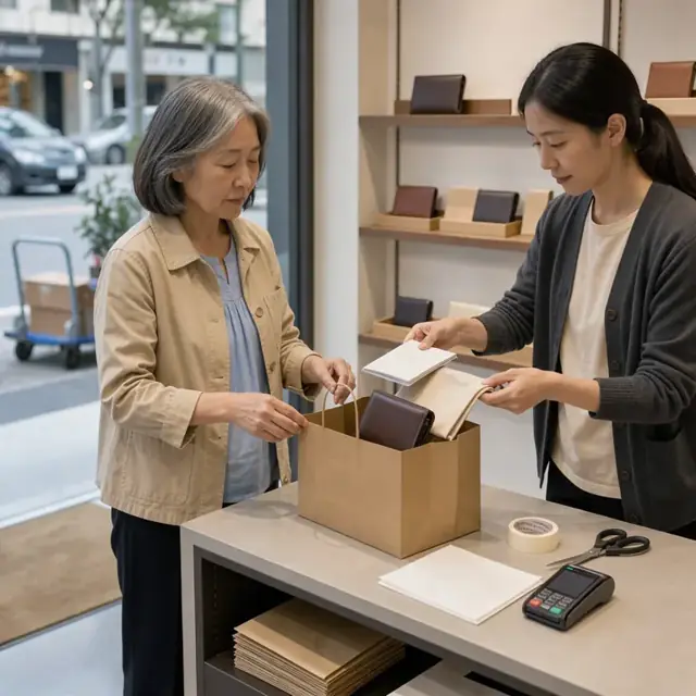 a worker placing a care booklet and dust bag into a shopping bag containing a new leather wallet at a retail counter