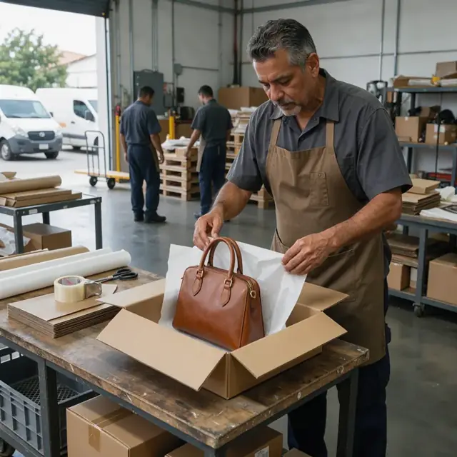 a worker wrapping a leather handbag in tissue paper inside an open shipping box on a packing table