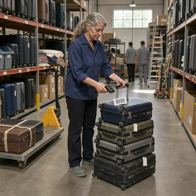 a worker scanning barcodes on stacked suitcases inside a stockroom with metal shelving