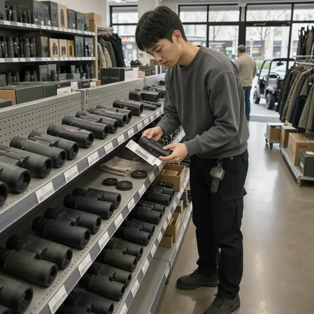 a worker checking product labels on a shelf of hunting binoculars and range finders in a retail store aisle
