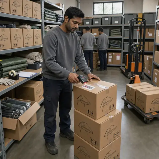 a worker scanning barcodes on boxes of camping tents in a stockroom with metal shelving units