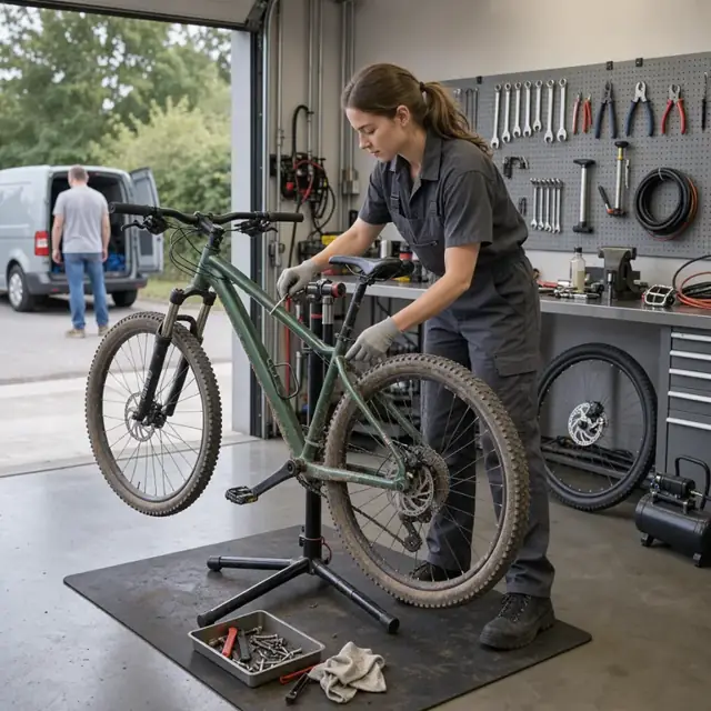 a worker inspecting a returned mountain bike in a service bay with tools hanging on the wall