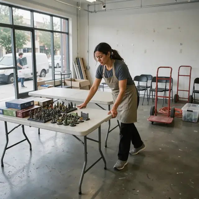 a worker arranging folding tables and chairs in an empty retail space with stacks of board games and painted miniatures ready for an event