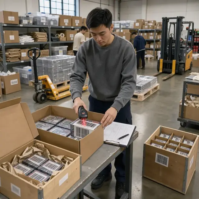 a worker in a stockroom scanning barcodes on boxes of trading cards while updating an inventory list beside open shipping crates
