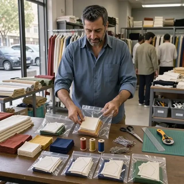 a worker arranging pre-cut fabric squares, thread and pattern pieces into individual class supply bags on a store table