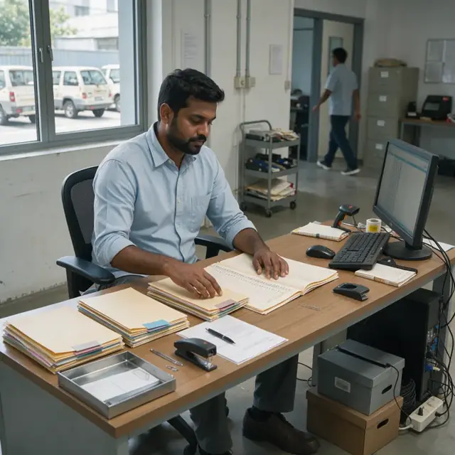 a worker organizing folders and serial number logs on a desk next to a computer in a quiet office corner