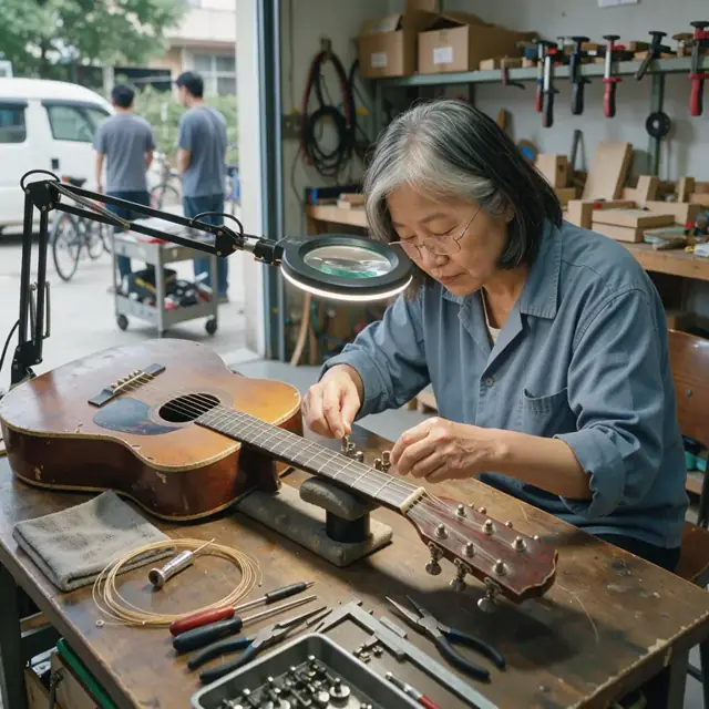 a technician examining the fretboard and tuning keys of a used acoustic guitar under a magnifying lamp at a wooden desk