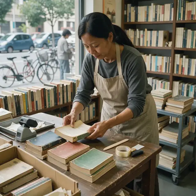 a worker examining the spine and pages of a stack of used paperbacks on a table near a bookstore window