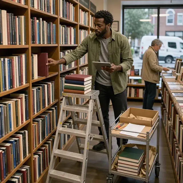a worker on a short ladder shelving new books in the fiction section while checking a tablet inventory list