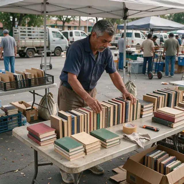 a worker arranging books on folding tables under a canopy tent at an outdoor market