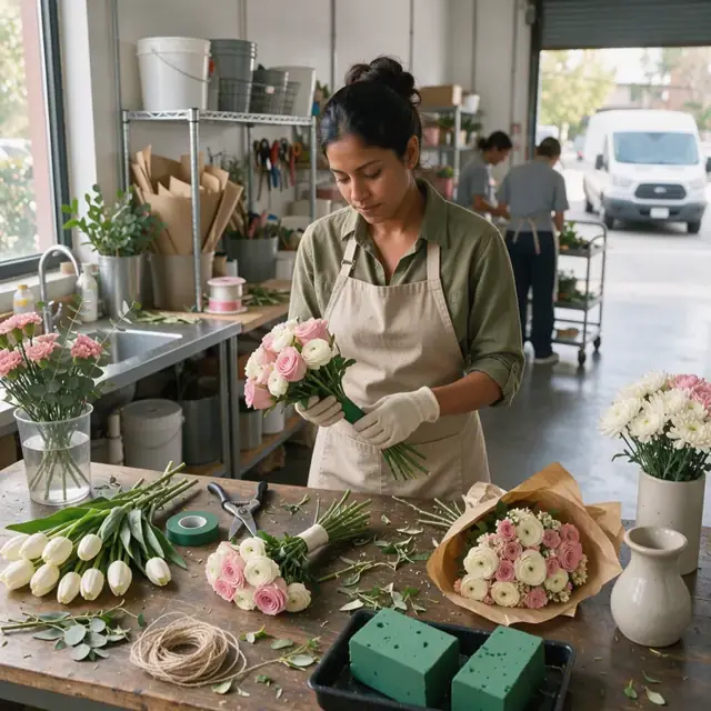 a florist workbench with shears, floral foam and multiple half-finished bouquets of pink and white flowers in various stages of assembly