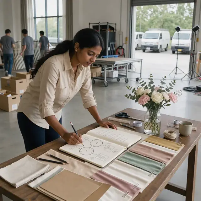 a large table with an open notebook showing a hand-drawn wedding timeline next to fabric swatches and a vase of sample flowers