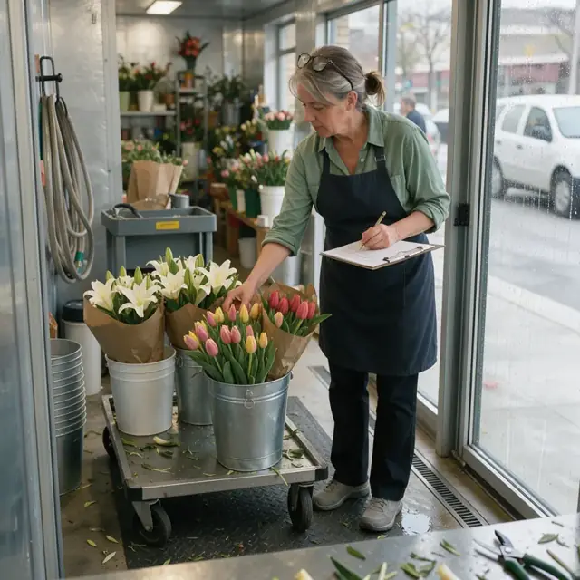 a florist inside a glass-door cooler rotating buckets of tulips and lilies while writing on a clipboard inventory sheet