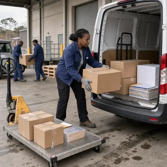 a worker loading boxed office supplies and printer paper into the back of a van parked at a loading dock