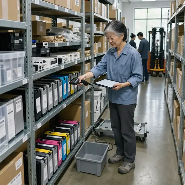 a worker in a stockroom using a scanner to count toner cartridges on metal shelving while referencing a tablet list