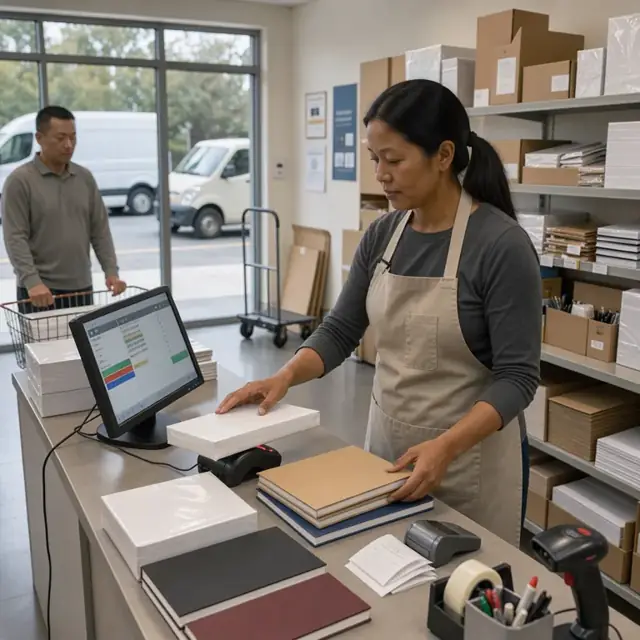 a retail counter with a worker scanning barcodes on reams of paper and notebooks while checking an order screen