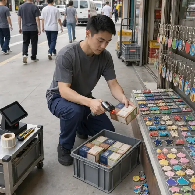a worker scanning barcodes on small souvenir boxes while kneeling beside a low retail display shelf filled with colorful keychains and magnets
