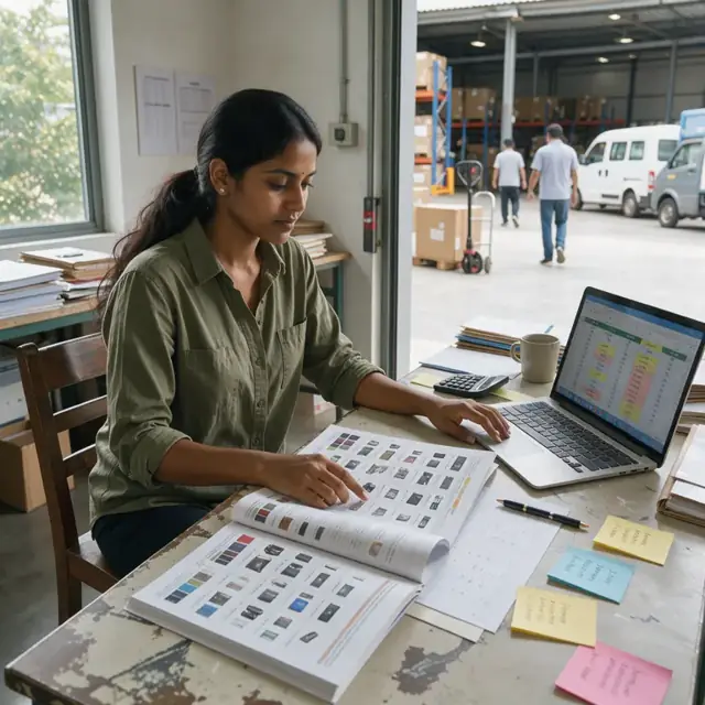 a desk with open product catalogs, sticky notes on upcoming deadlines and a laptop showing a spreadsheet of open orders