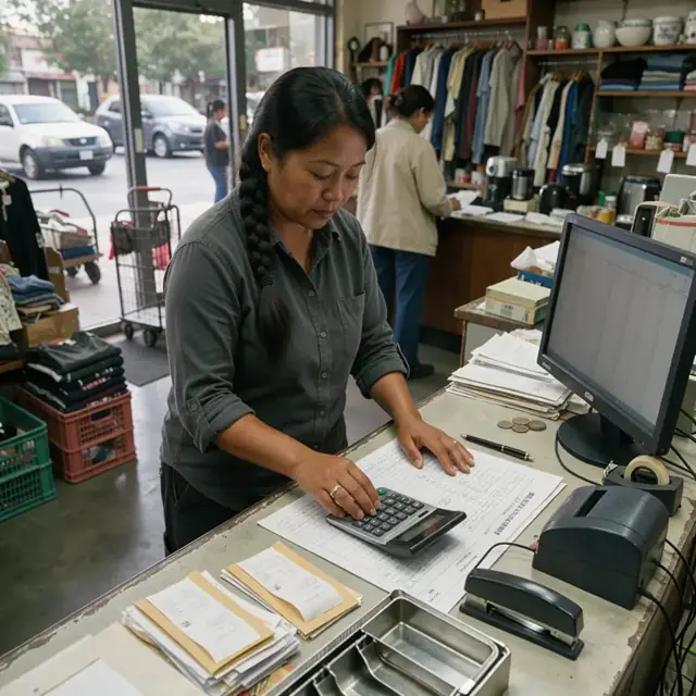 a worker at a store counter preparing a sales report and consignor payout summary
